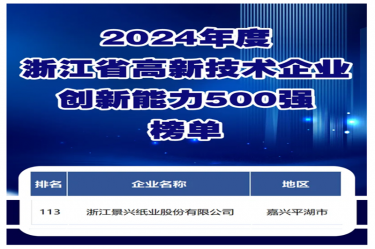 喜報！景興紙業(yè)入選浙江省高新技術(shù)企業(yè)創(chuàng)新能力500強(qiáng)榜單